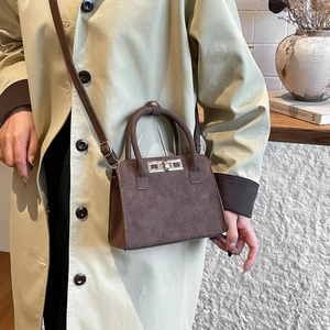 Chic brown suede square crossbody bag with gold buckle and double handles for women