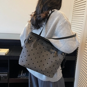 Retro grey canvas tote bag for women featuring black polka dots and butterfly patterns
