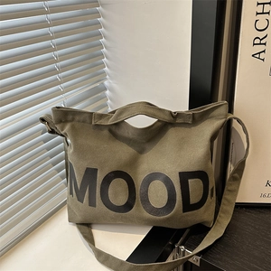 Borsa tote in tela verde militare con scritta MOOD in stile retrò per uomo e donna