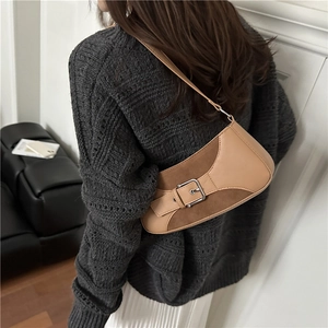 Retro brown contrast underarm bag for women with silver metal buckle and chic design