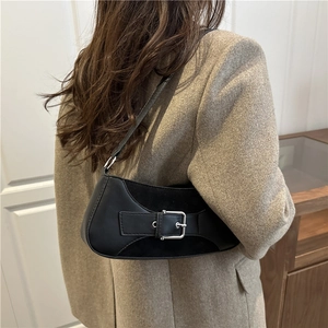 Retro black leather underarm shoulder bag for women with stylish metal buckle detail