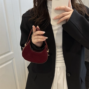 Minimalist burgundy faux suede crescent hobo bag for women with gold metal buckles