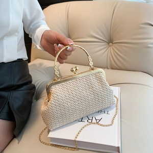 Damen Mode Stroh Geflochtene Umhängetasche Retro Metallgriff Kette Kleine Quadratische Schulter Handtasche Für Urlaub Strand