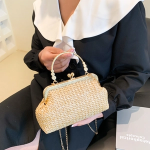 Strohgewebte quadratische Tasche mit Goldrahmen und Kugelverschluss für Damen