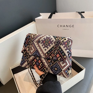Women Retro Ethnic Geometric Plaid Underarm Bag Canvas Woven Jacquard Shoulder Bag With Chain Strap Magnetic Buckle Daily Bag