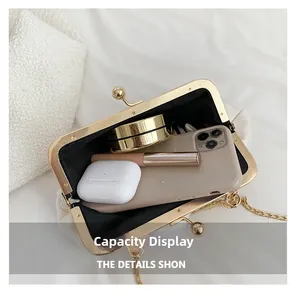 Internal storage view of beige lace clutch bag with metal frame holding phone and makeup