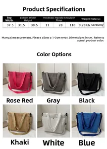 Tabella taglie e colori per borsa tote in velluto a coste con dimensioni e tracolla