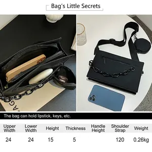 Black PU leather crossbody bag with chain and size chart showing 24cm width and 15cm height
