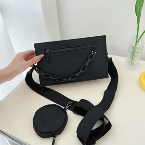 Trendy Women PU Leather Square Crossbody Bag With Detachable Round Pouch Wide Strap Fashion Black Chain Shoulder Bag Handbag