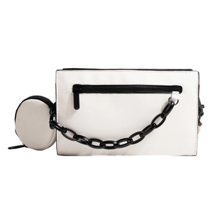 Modern black and white PU leather crossbody bag with chain and round pouch