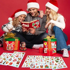 Christmas party stickers featuring Santa, reindeer and tree patterns for festive decor