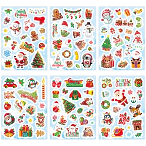6 sheets of Christmas stickers featuring Santa, snowman, and reindeer party decorations
