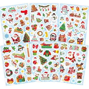 Detailed view of 6 sheets showing Santa, reindeer, and snowman Christmas stickers