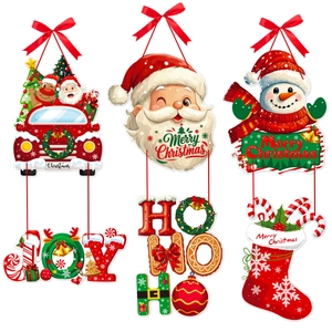 Christmas Paper Door Hanger Decorations Santa Claus Snowman Pattern Merry Christmas Joy Letter Hanging Sign Party Home Decor