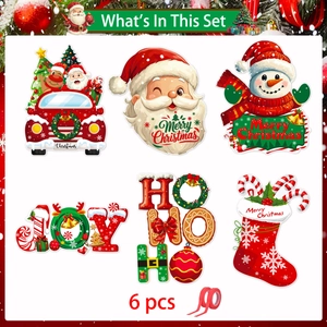 6-piece Christmas hanging decorations featuring Santa, snowman, and festive motifs