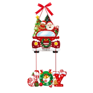 Detail of a red Christmas car ornament with Santa, reindeer, and JOY letter charms