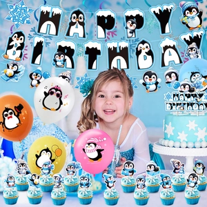 Kit de décoration d'anniversaire thème pingouin d'hiver avec bannière et ballons