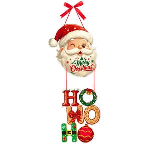 Detail of Christmas Santa door hanger with HO HO HO text and festive ribbon hanging