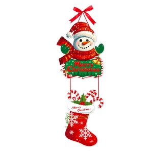 Detail of Christmas hanging decor with Merry Christmas sign, snowman and stocking
