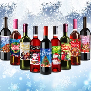 9 Christmas wine bottle label stickers with Santa, snowman and deer holiday designs