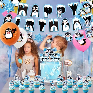 Kit déco anniversaire manchot avec bannière, ballons et décorations pour gâteaux