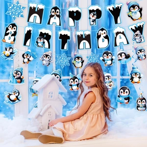 Winter penguin birthday party set with Happy Birthday banner and blue snowflake swirls