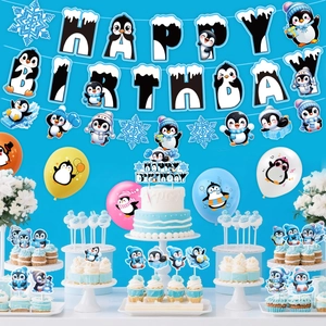 Set de fête pingouin d'hiver avec bannière Happy Birthday, ballons et décors de gâteaux