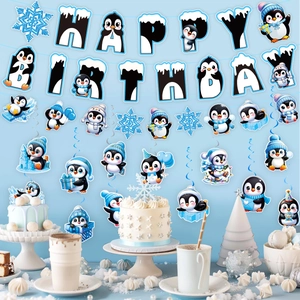 Winter penguin happy birthday banner set with hanging swirls for polar party decor