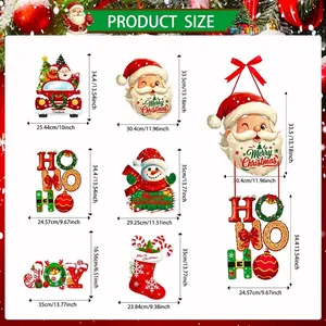 Size chart for 6 Christmas door hangers including Santa, snowman and themed ornaments