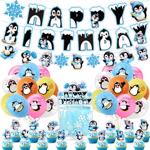 Ensemble de Décoration de Fête d'Anniversaire Pingouin d'Hiver Bannière Ballons en Latex Décorations de Gâteau