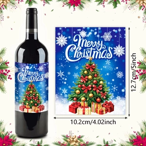 Merry Christmas wine bottle labels with a decorated tree and gift boxes design