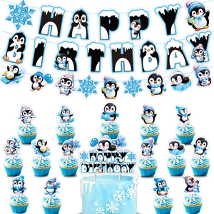 Kit déco anniversaire pingouin d'hiver avec bannière Happy Birthday et pics à gâteaux