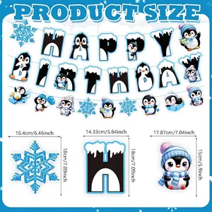 Detailed product size chart for Penguin themed Happy Birthday banner and snowflake swirls