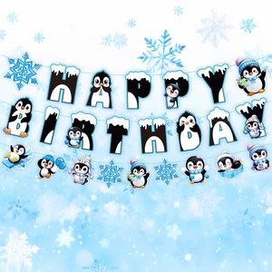 Banderole d'anniversaire d'hiver avec manchots et flocons pour décoration de fête