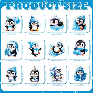 Size chart showing dimensions for 12 penguin themed winter party hanging decorations