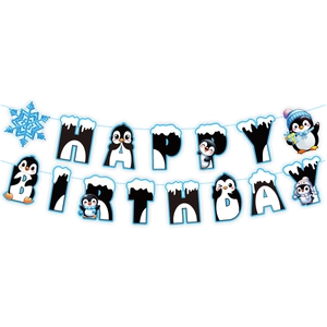 Détail de la bannière HAPPY BIRTHDAY avec pingouins et flocons de neige de Noël