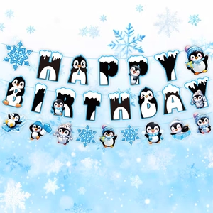 Winter birthday banner with cartoon penguins and snow-capped Happy Birthday lettering