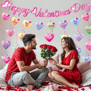 Romantic Valentine's Day party decor set featuring glittery banner and colorful heart swirls