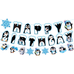 Winter penguin happy birthday banner set with blue snowflakes for party decoration