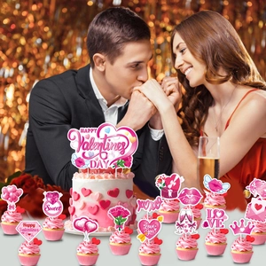 Set de décoration de gâteau Joyeuse Saint-Valentin avec cœurs roses et paillettes