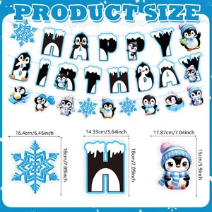 Guide des tailles pour kit fête pingouin hiver avec mesures des bannières et flocons