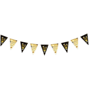 Black and gold Happy New Year bunting banner with champagne and fireworks prints