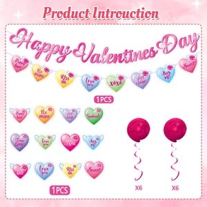 Valentine's Day decoration set with Happy Valentine's Day banner and heart foil swirls
