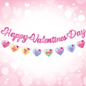 Detail of Happy Valentine's Day banner and colorful heart hangers with romantic quotes