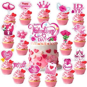Lot de 17 décorations de gâteaux Happy Valentine's Day avec toppers romantiques roses