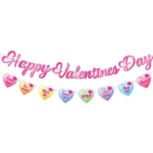 Detail of Happy Valentines Day banner with colorful heart-shaped hanging conversation cards