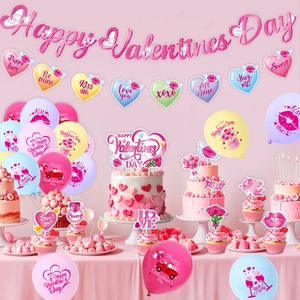 Detailed display of Happy Valentines Day party kit with banners, balloons and cake toppers