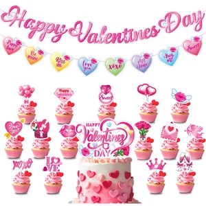 Happy Valentine's Day party decoration set with pink heart banner and cake toppers