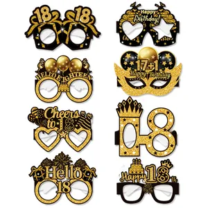 Detailed set of 8 black and gold 18th birthday party paper glasses with glitter finish