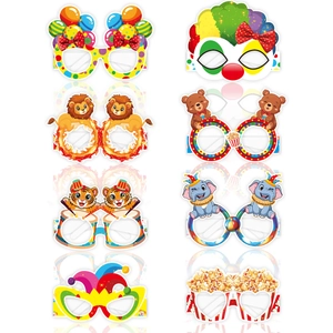 Detailed set of 8 colorful circus themed paper glasses including clown and animal designs